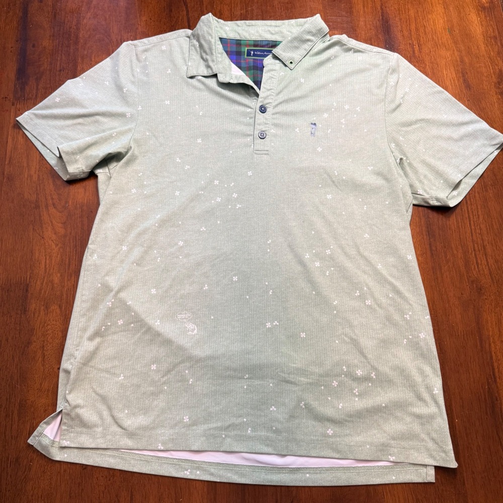 William Murray Golf Mens Medium Light Green Floral Clover Polo Shirt Plaid Trim